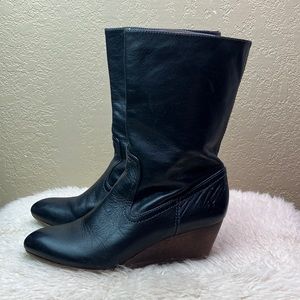 Frye Short Missy Black Leather Wedge Boots